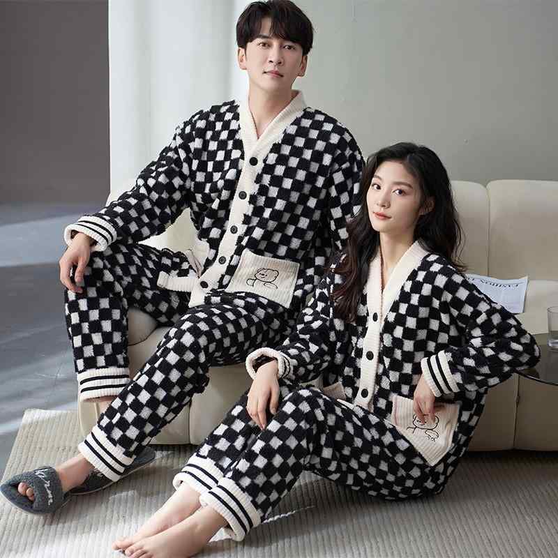パジャマ レディース メンズ 秋冬用 フランネル 厚手 あったか かわいい Vネック 長袖 ルームウェア 上下セット 部屋着 伸縮性 保温性 ポリエステル(4.0)