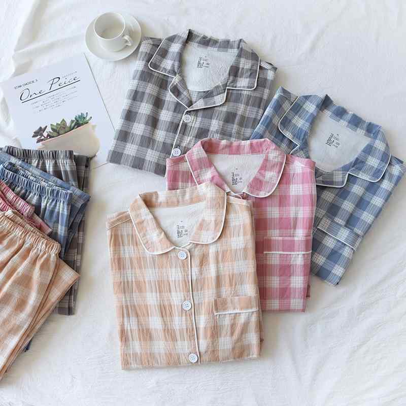 パジャマ レディース メンズ 春夏 秋冬 長袖 ルームウェア 上下セット 綿100% 薄手 夫婦 ペア 水洗い コットン 格子柄 涼しい 快適 通気性 ピンク系 イエロー系 ブルー系 グレー(4.0)