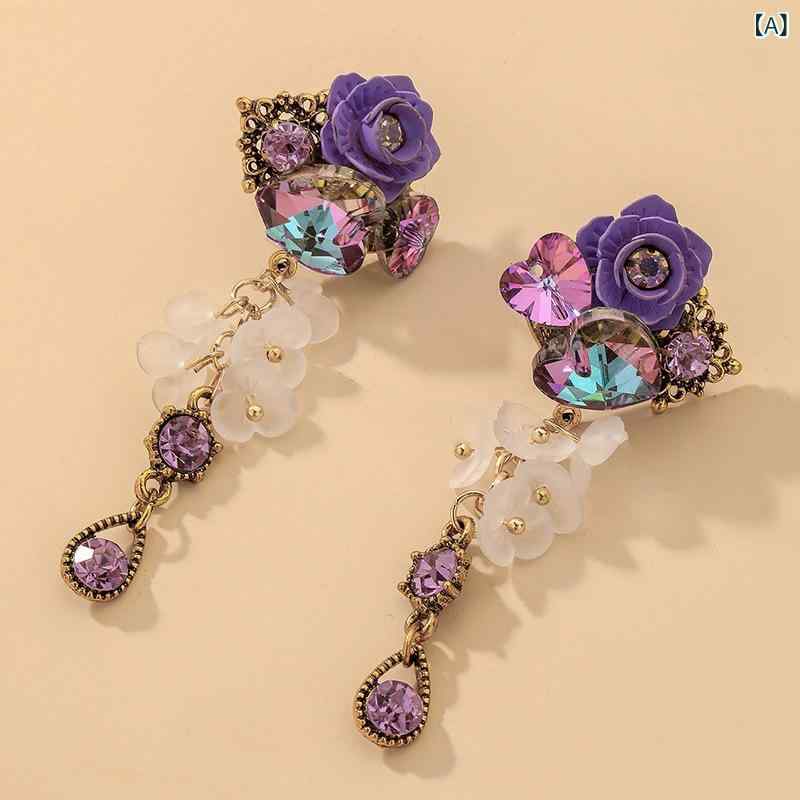 イヤリング レディース 人工水晶 フラワー 花 紫 パープル シルバー 銀 レトロ ヴ...
