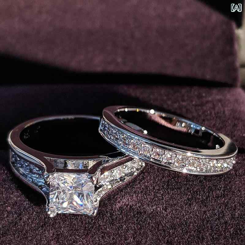 シャドーテールの指輪 レディース ブライダル エンゲージリング 結婚指輪 セット キュービックジルコニア 銅製 電気メッキ加工 ホワイト 5号 6号 7号 8号 9号 10号 幾何学型 ファッション ヨーロッパ 南米 東南アジア 北米 東北アジア 中東｜アングル2