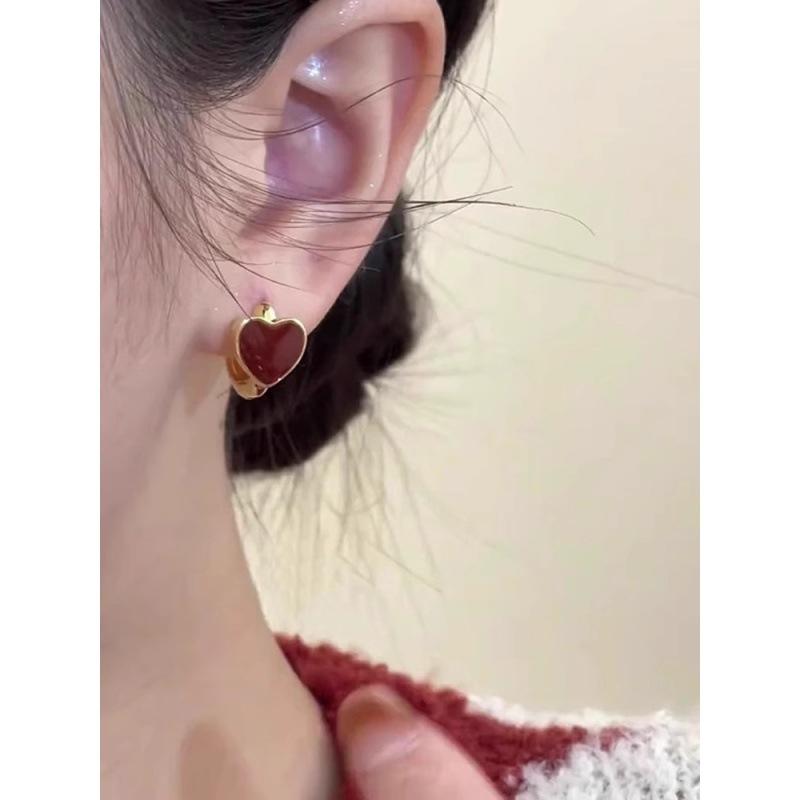 耳飾り レディース フレンチレトロ レッド 赤色 ハート型 イヤリング 925シルバー針 シルバー925 電気..