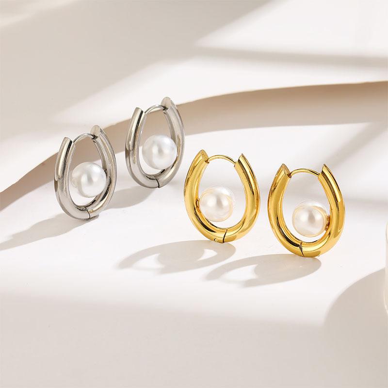 ピアス レディース チタン鋼 U型 パール ゴールド シルバー 電気メッキ加工 サークル 丸型 幾何学模様 ..