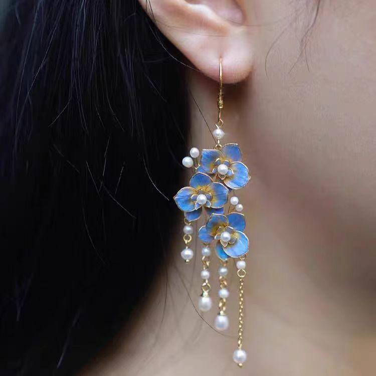 ピアス レディース 蝶 バタフライ ラン 蘭 花 フラワー パール 真珠 タッセル 流蘇 中華風 チャイナ風 エスニック エレガント アクセサリー ジュエリー ...