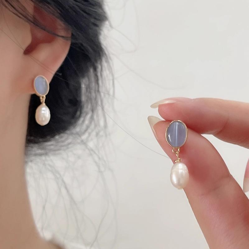 ピアス レディース 淡水パール 猫眼石 エレガント デザイン 電気メッキ加工 韓国風 チタン製 幾何学模..