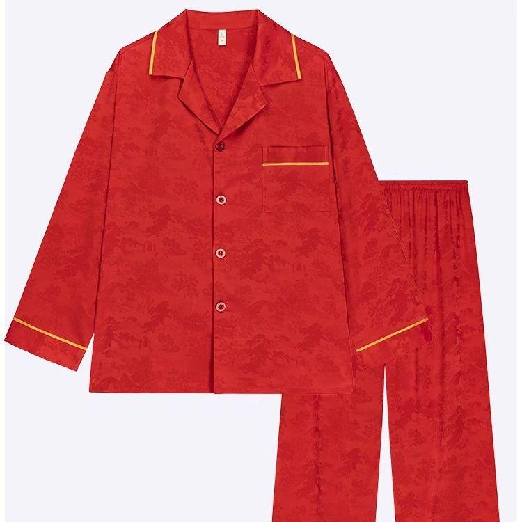 パジャマ レディース メンズ ペア 接触冷感 寝間着 ルームウェア 上下セット 涼しい 快適 ポリエステル 古風 大紅色 酒紅色