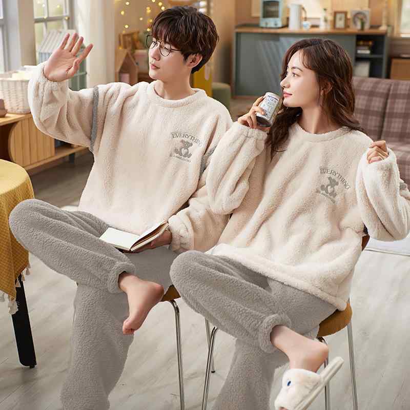 パジャマ レディース メンズ 上下セット ルームウェア 珊瑚フリース 暖か 厚手 ポリエステル 伸縮性 リ..