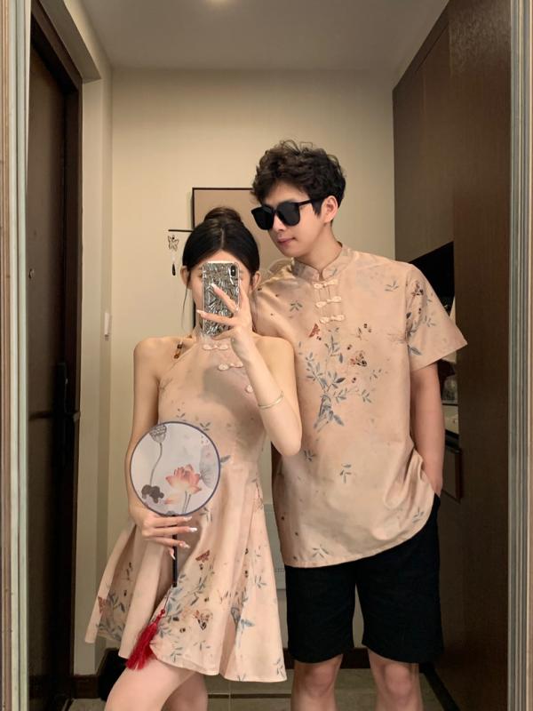 ワンピース レディース 古風 チャイナドレス 花柄 ノースリーブ シャツ メンズ パンツ 上下 セットアップ コットン リゾート おしゃれ かわいい レトロ