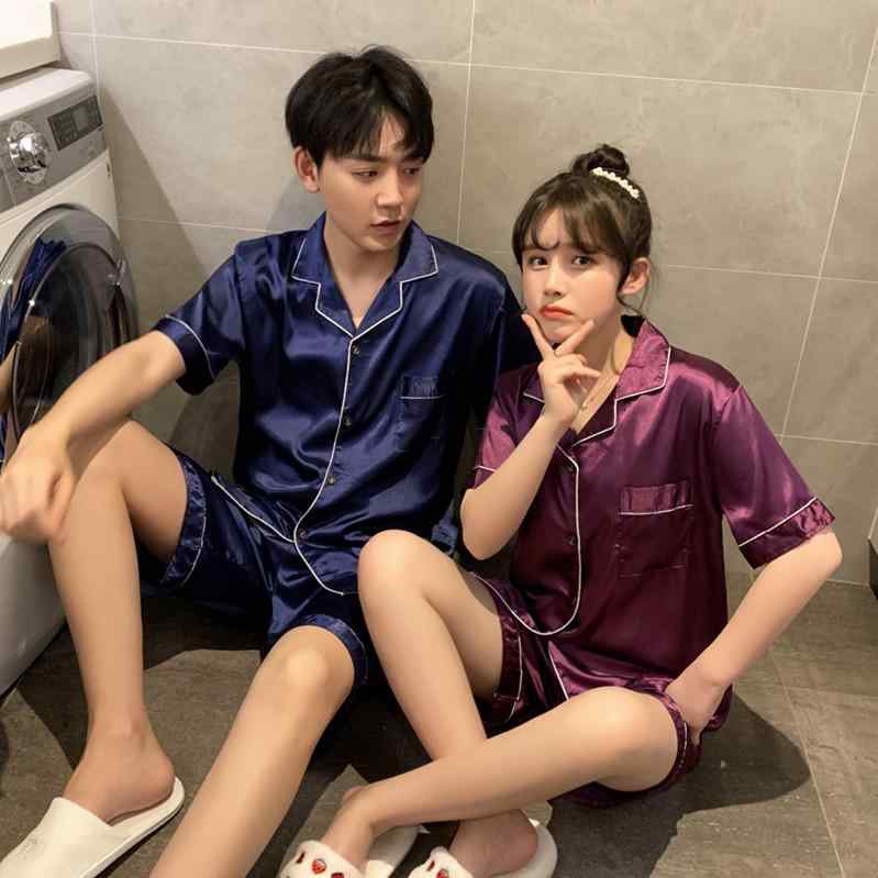 ルームウェア カップル パジャマ 半袖 ポリエステル 混紡 薄手 上下セット Vネック 前開き 襟付き 短パ..