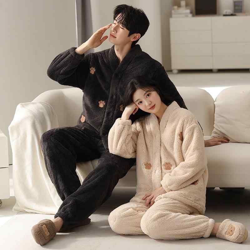 パジャマ レディース メンズ 冬用 珊瑚マイヤー 長袖 長ズボン 上下セット あったか 襟付き 前開き か..