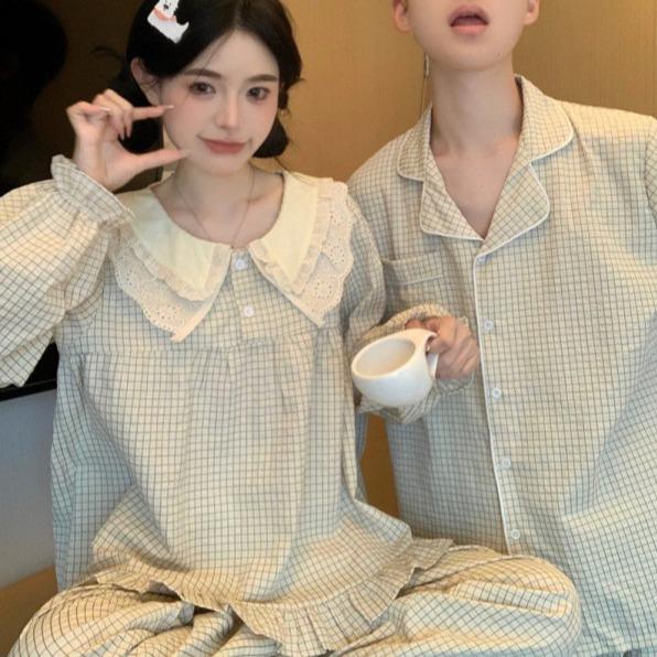 パジャマ レディース 韓国風 ルームウェア 上下セット 部屋着 綿 レース 襟付き 長袖 チェック柄 春秋 杏色 グレー かわいい リラックスウェア 女性用 婦人服