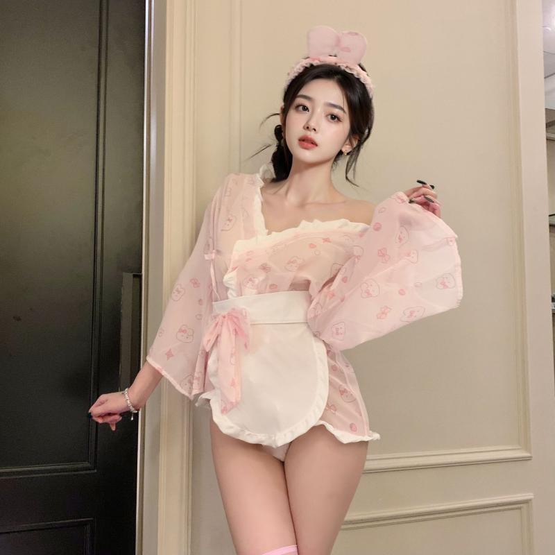 和服 - 和服 レディース セクシー ランジェリー 浴衣 萌え かわいい バニーガール コスプレ 部屋着 ルームウェア ポリエステル