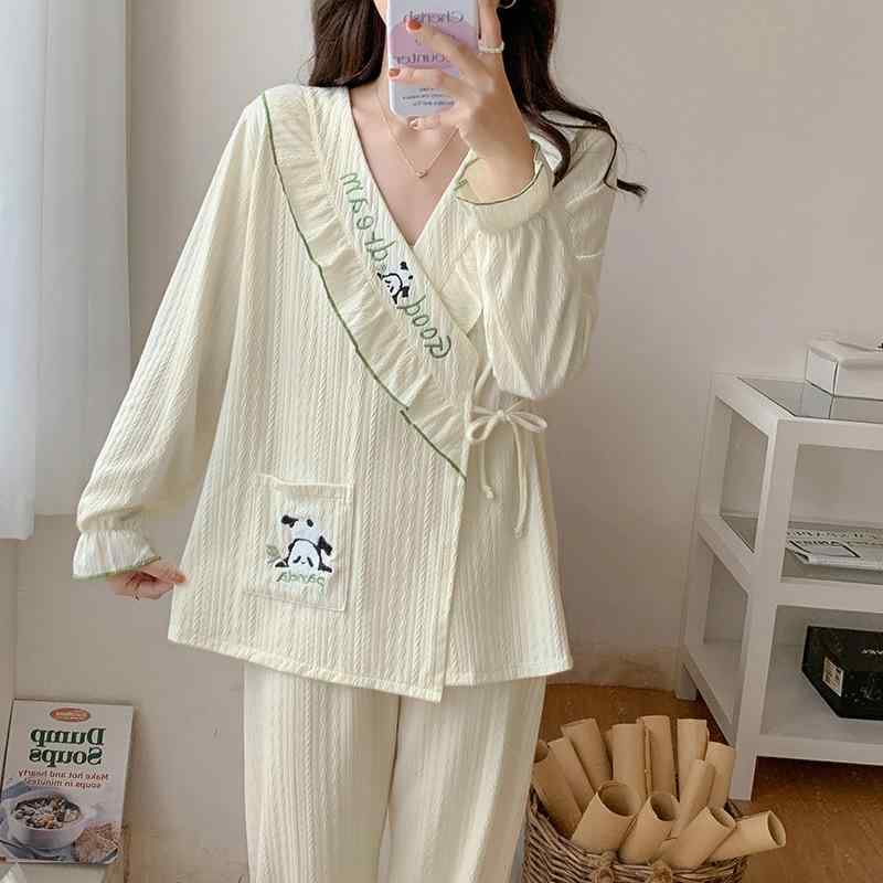 パジャマ レディース 和風ルームウェア 上下セット 綿 長袖 長ズボン 襟付き かわいい 部屋着 寝間着 秋冬