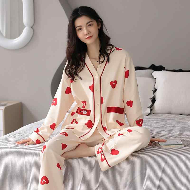 パジャマ レディース 長袖 長ズボン 綿100% Vネック 前開き 上下セット 春秋 かわいい 部屋着 ルームウェア 婦人 ナイトウェア 寝巻き リラックスウェア