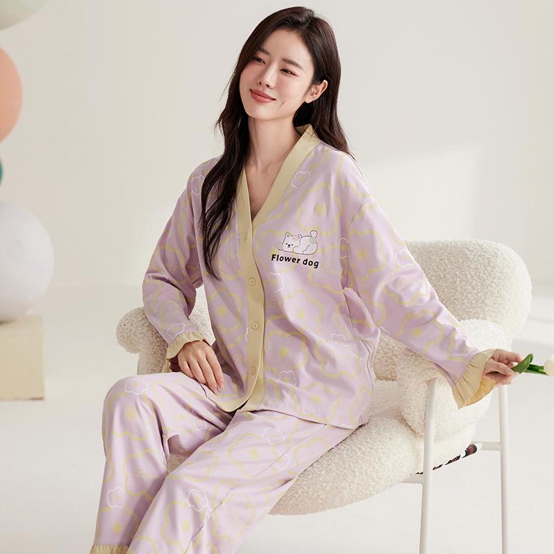 Kimono - パジャマ レディース 春秋 長袖 和風 襟付き セットアップ 花柄 部屋着 ルームウェア 普段使い コットン 綿 快適 Vネック M L XL XXL