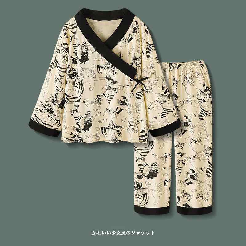 パジャマ レディース 春秋 デザイナーズ 漢服 国風 長袖 長ズボン 外着 部屋着 ルームウェア 上下セット ゆったり 大きいサイズ 猫 和風