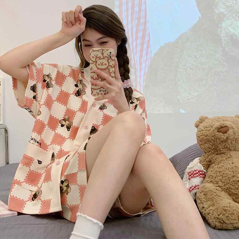 和服 レディース パジャマ 上下セット Vネック 五分袖 コットン 春夏 薄手 ルームウェア 部屋着 かわいい 小熊柄 M L XL 2XL 3XL