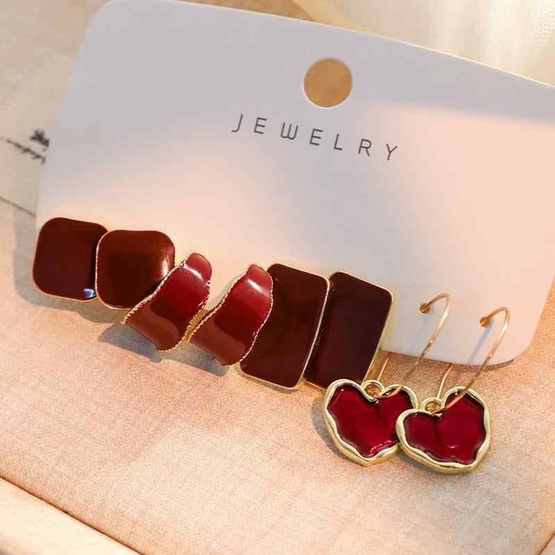 イヤリング レディース ハート ドロップ 合金 幾何学模様 レッド 赤 ファッション 4点セット