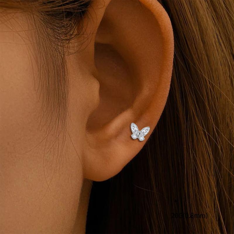 ピアス レディース メンズ チタン バタフライ ジルコニア 耳針 一体型 バタフライ バックル イヤーカフ 軟骨ピアス チタン合金 幾何学 シルバー 銀色 ファ...