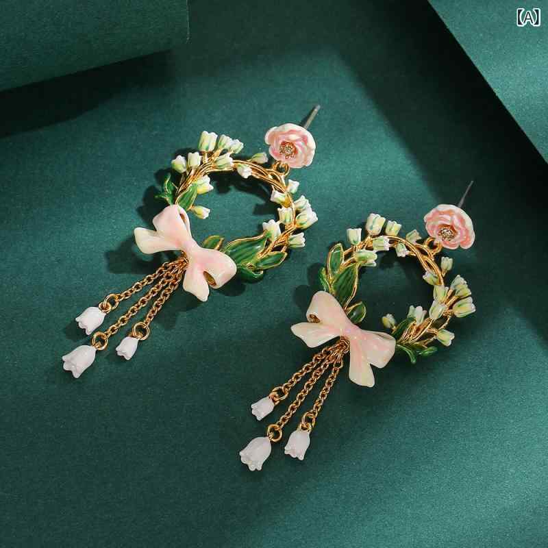 シャドーテールのイヤリング レディース ファッション ピンク 薔薇 ローズ バタフライ 蝶 リボン スズラン 花 フラワー タッセル ドロップ ピアス エレガント 電気メッキ加工 高見え アクセサリー｜アングル2
