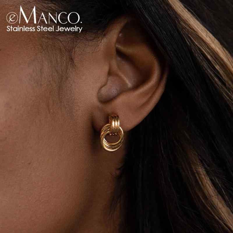 イヤリング レディース 18K ステンレス 幾何学模様 ドロップ リング ファッション 耳飾り ゴールドカラー スティールカラー