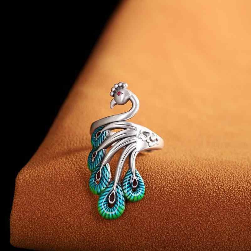 指輪 レディース s990 シルバー 孔雀 焼付け塗装 レトロ 個性的 幾何学模様 アニマル モチーフ エスニ..