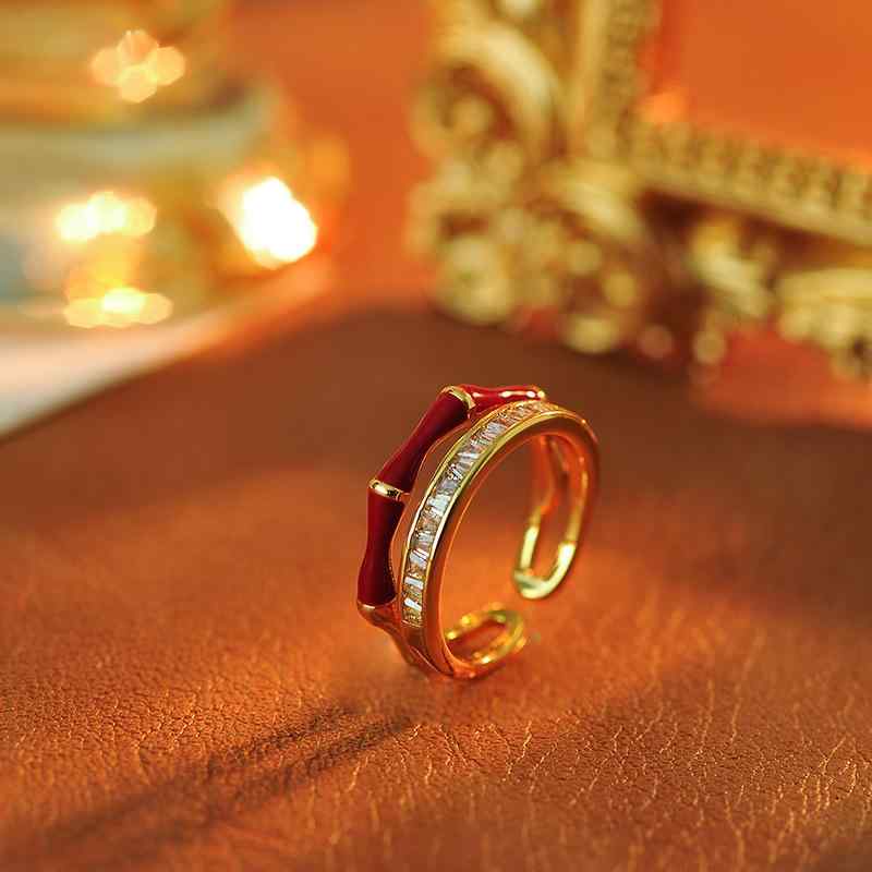 指輪 レディース 高級感 中華風 ドロップオイル グリーン 竹モチーフ ジルコニア オープンリング エレ..