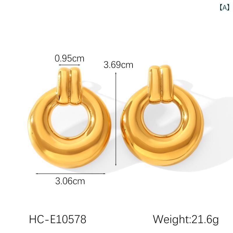 ピアス レディース チタン鋼 リング フープ 電気メッキ加工 ゴールドカラー アレルギー対応 ステンレス製 幾何学模様 INSスタイル 個性派