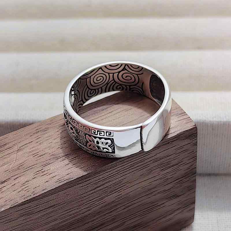 指輪 メンズ レディース 六字真言 シルバー990 復古 蓮花 オープンリング 精工鏡面 調整可能 おしゃれ ..