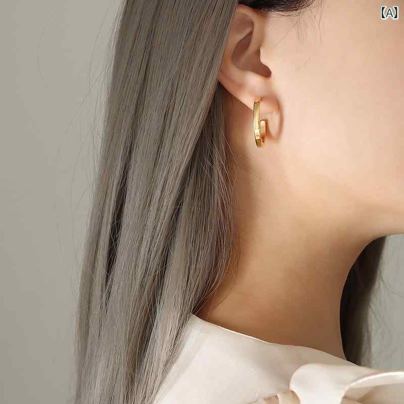 イヤリング レディース チタン鋼 電気メッキ加工 ゴールドカラー C型 金属 幾何学模様 ファッション 通勤 通年