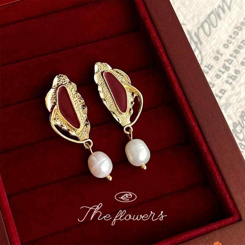 イヤリング レディース 淡水パール 14Kメッキ ワインレッド ドロップオイル 不規則 幾何学型 法式 レト..