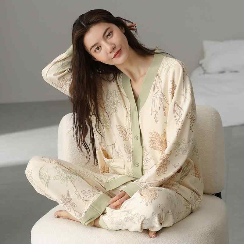 パジャマ レディース 春秋 長袖 綿100% 前開き 薄手 Vネック ルームウェア 部屋着 寝巻き 上下セット 全7色 M L XL XXL