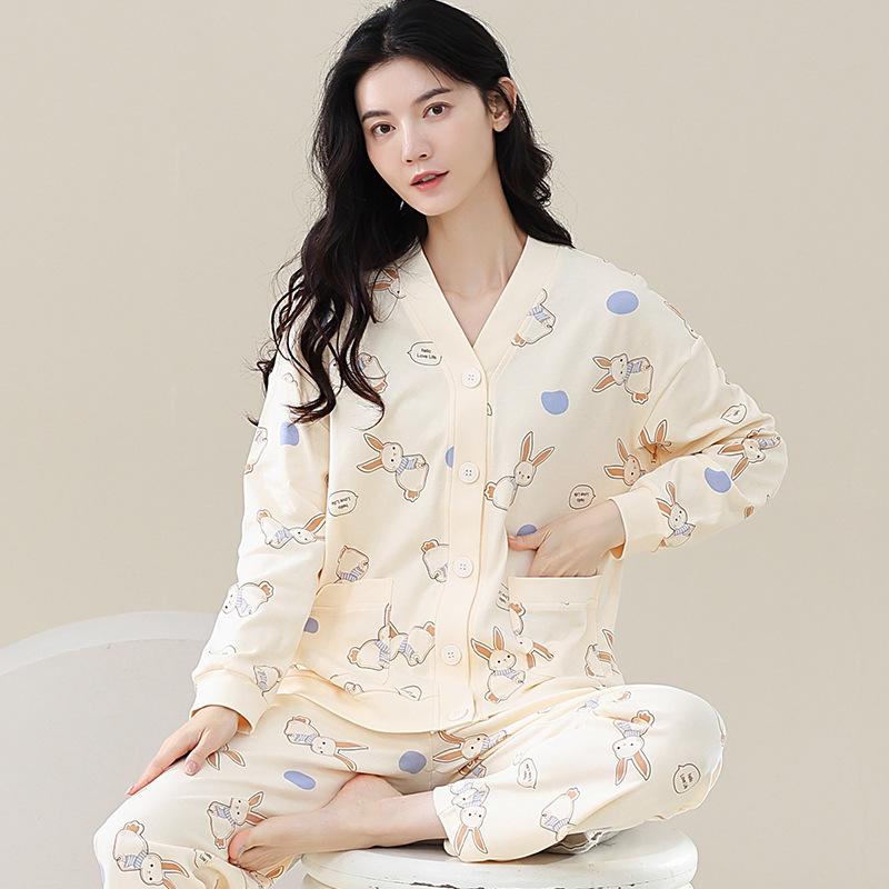 パジャマ レディース 春秋 綿 長袖 和風 部屋着 ルームウェア 上下セット かわいい Vネック 薄手 ゆったり 外出着 M L XLサイズ