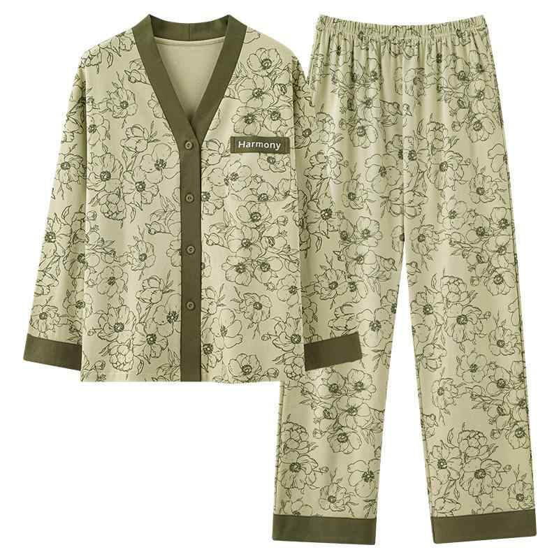 パジャマ レディース 春秋 前開き 和風 長袖 長ズボン 上下2点セット ルームウェア 部屋着 Vネック 薄手 綿 浴衣 寝間着 リラックス 外着 女性用