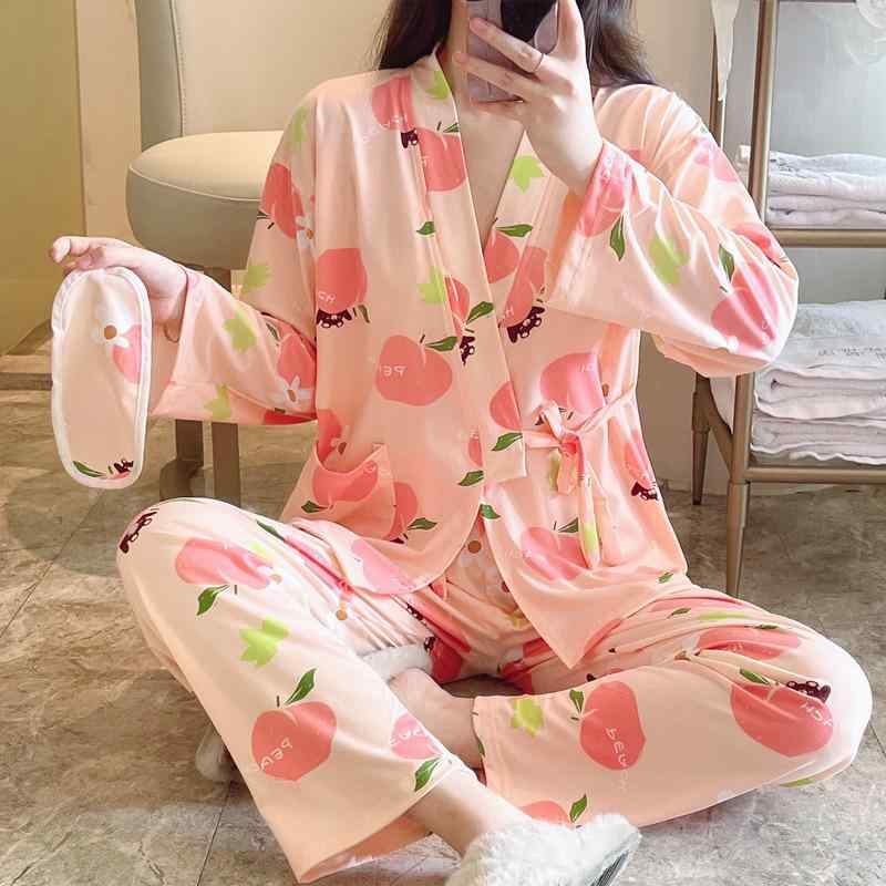 パジャマ レディース 春秋 長袖 長ズボン 上下セット 再生繊維 接触冷感 Vネック ルームウェア 部屋着 格子 菊 花柄 桜桃 さくらんぼ イチゴ アニマル かわいい M L XL XXL