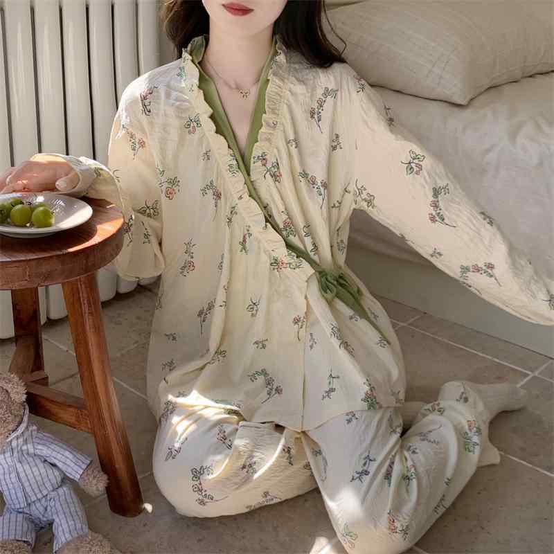 パジャマ レディース 秋冬 綿 長袖 長ズボン 上下セット 春秋 Vネック カーディガン 和風 浴衣 大きいサイズ ルームウェア 部屋着 ポリエステル