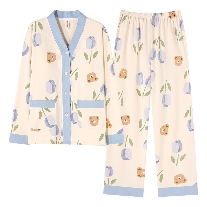 パジャマ レディース ルームウェア 寝巻き セットアップ 春秋 カーディガン 和風 Vネック 長袖 長ズボン 精梳綿 部屋着 リラックスウェア ゆったり おしゃれ かわいい