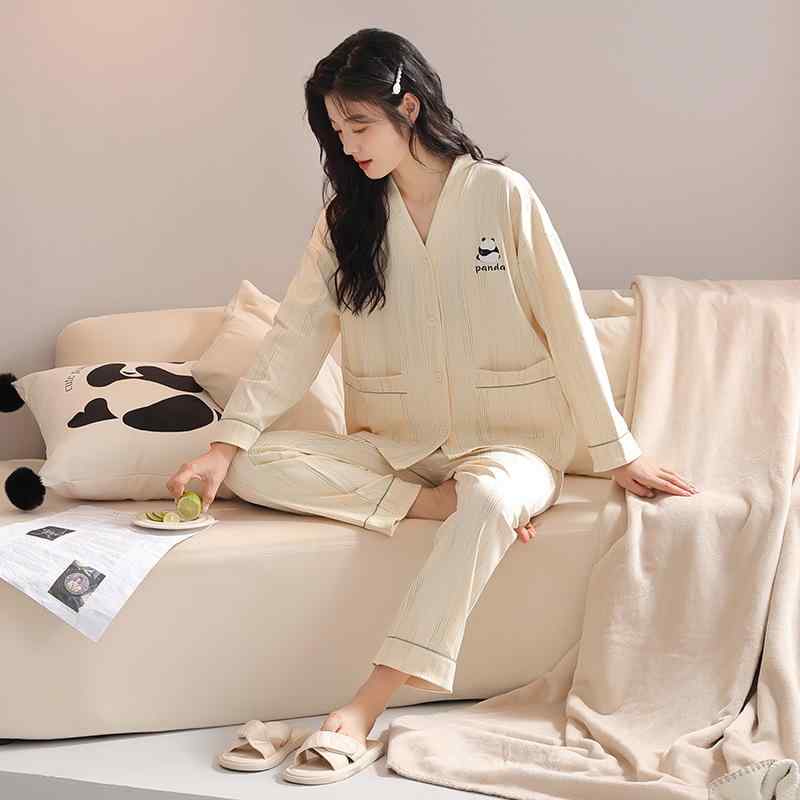 パジャマ レディース 春秋 綿 長袖 長ズボン 和風 カーディガン 部屋着 ルームウェア 上下セット かわいい ガーリー Vネック 厚手 M L XL XXL