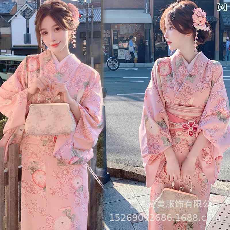 和服 レディース 紫花 日本 和風 改良 浴衣 かわいい ガーリー 外ロケ 写真 ポリエステル コスプレ ピンク 扇子 帯