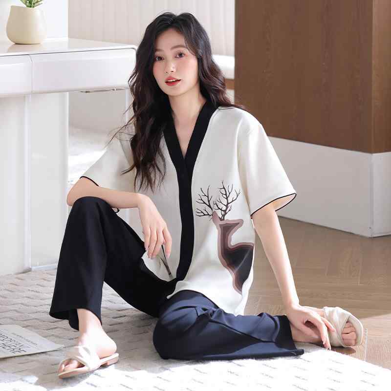 パジャマ レディース 春夏 綿 半袖 長ズボン 上下セット 浴衣風 Vネック 薄手 部屋着 ルームウェア リラックス ウェア かわいい おしゃれ