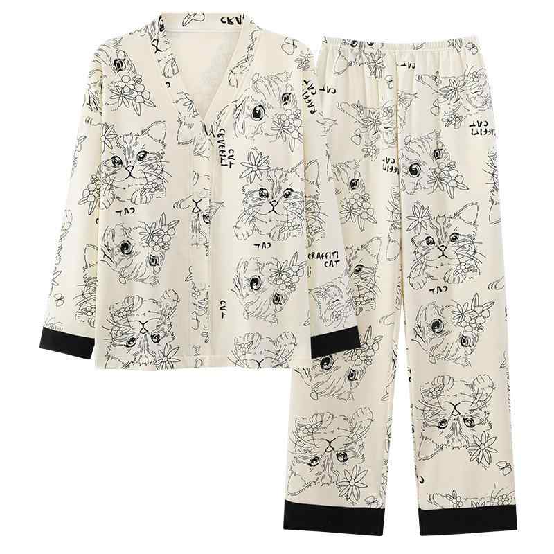 パジャマ レディース 春秋 セットアップ 長袖 長ズボン 綿 胸パッド付き Vネック 前開き 和風 ルームウェア 部屋着 リラックス ゆったり かわいい