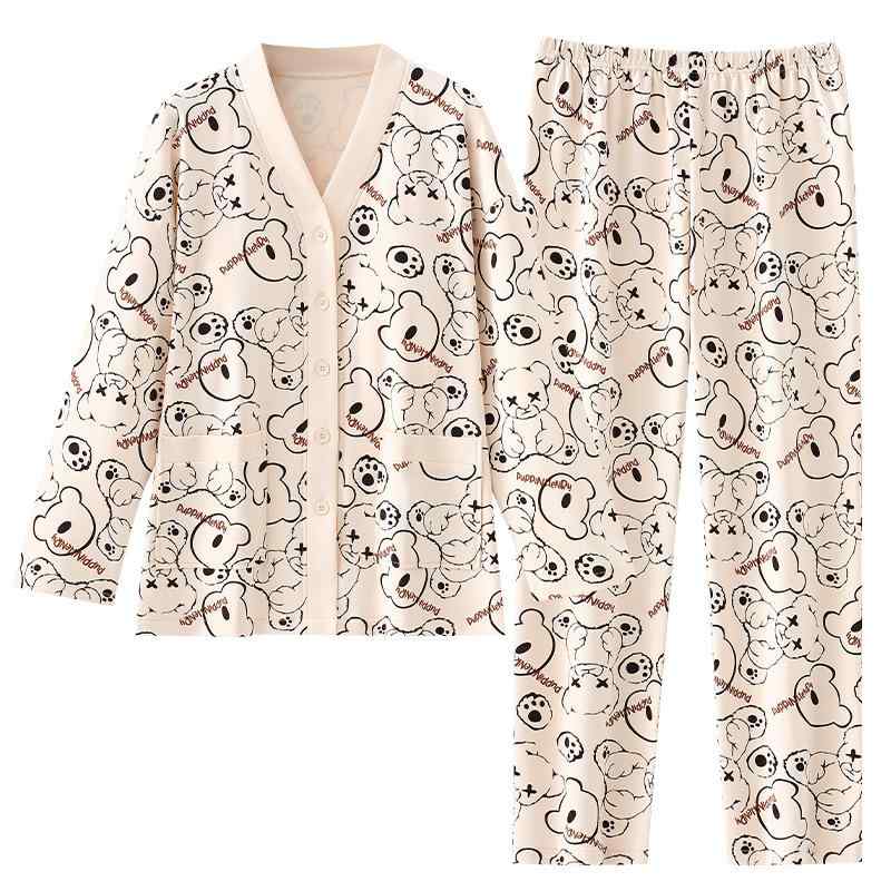 パジャマ レディース 春秋用 綿 長袖 前開き Vネック 秋冬 部屋着 寝間着 ルームウェア 上下セット 薄手 快適 婦人服 かわいい