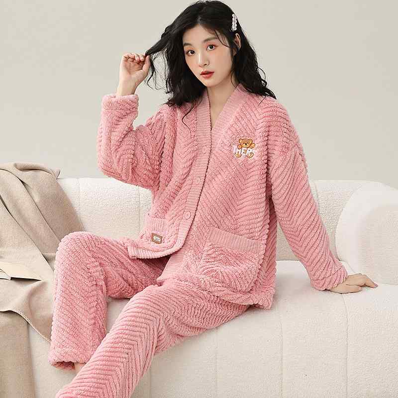 パジャマ レディース ルームウェア 上下セット 厚手 フリース あったか カーディガン 和風 ポリエステル 長袖 長ズボン ゆったり 秋冬 部屋着 かわいい