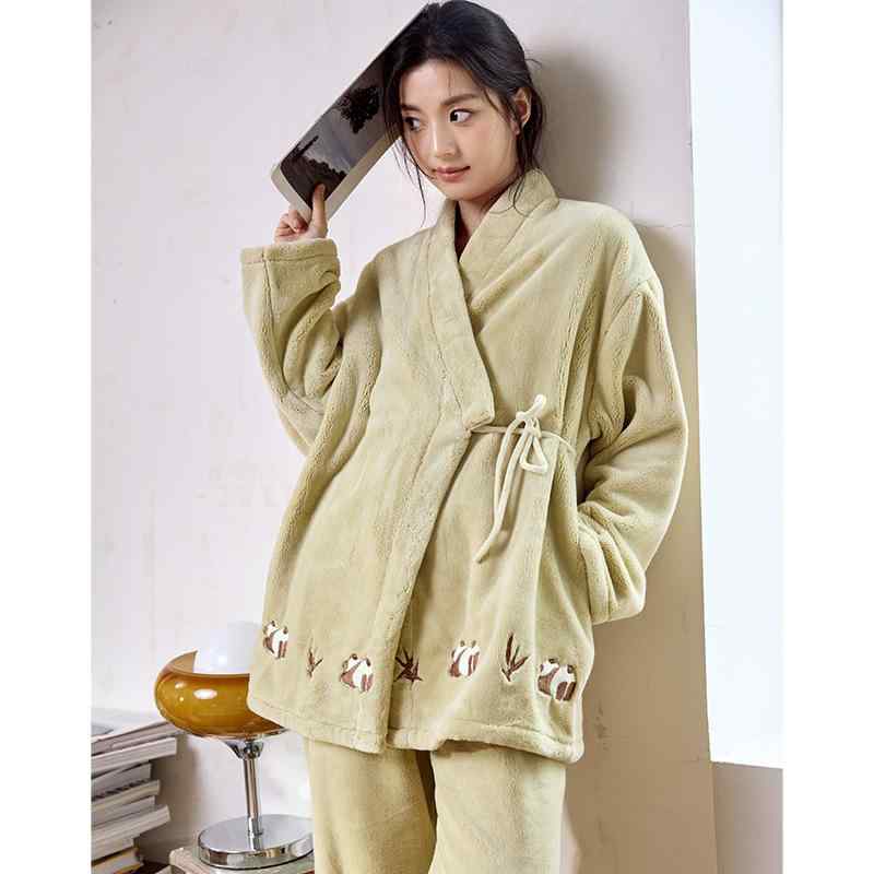 パジャマ レディース 秋冬 厚手 暖かい 珊瑚フリース 刺繡入り 和風 部屋着 上下セット ルームウェア ..