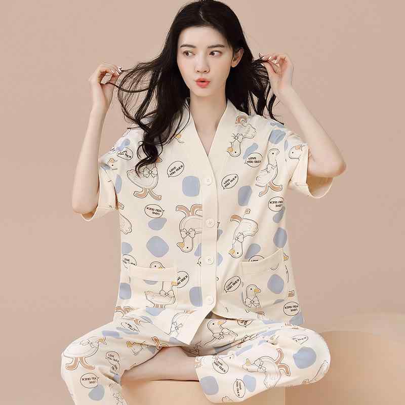 パジャマ レディース 春夏 綿 半袖長ズボン 和風カーディガン 薄手 かわいい ホームウェア 上下セット リラックス ウェア 部屋着 寝間着