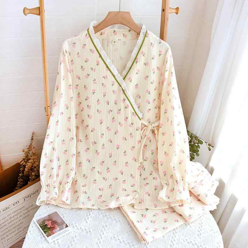 パジャマ レディース 春秋 ルームウェア 上下セット 綿100% 和風 花柄 長袖 長ズボン Vネック 部屋着 寝間着 浴衣 リラックス ウェア