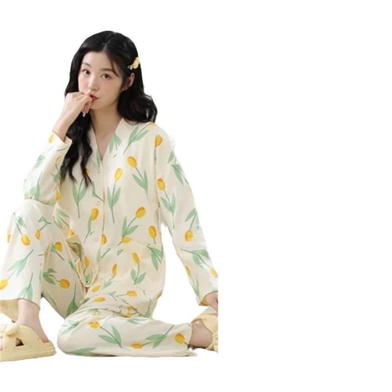 パジャマ レディース 春秋 前開き 上下セット 和風 カーディガン 少女 学生風 ルームウェア 部屋着 Vネック 長袖 長ズボン ポリエステル 快適 かわいい