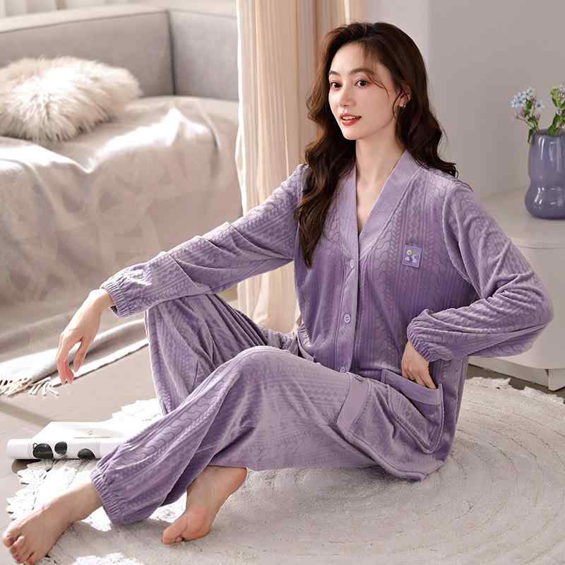 パジャマ レディース 秋冬 海島絨 Vネック 和風カーディガン 厚手 裏起毛 暖かい 寝間着 ホームウェア 上下セット