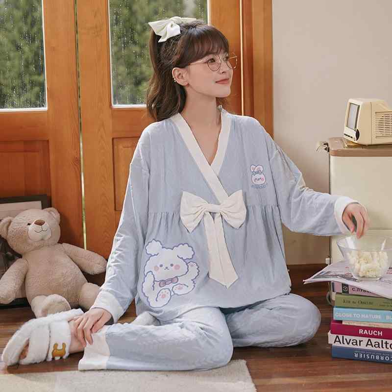 パジャマ レディース 春秋 秋冬 長袖 Vネック かわいい 姫 和風 ルームウェア 上下セット ポリエステル 快適 睡眠 部屋着