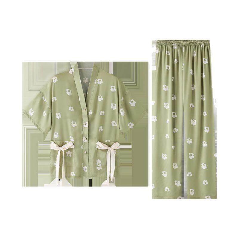 パジャマ レディース 春夏 Vネック 半袖 カーディガン 和風 薄手 接触冷感 部屋着 ルームウェア 上下セット 婦人服 ポリエステル 玉白 墨黒 苔緑 米黄