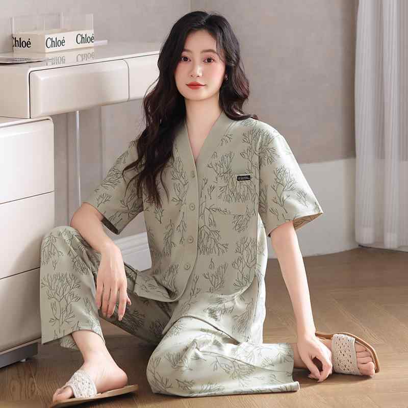 パジャマ レディース 春夏 半袖長ズボン 綿100％ Vネック 前開き 和風 部屋着 ルームウェア 上下セット 女性用 薄手 通気性 快適 婦人 ナイトウェア リラックスウェア